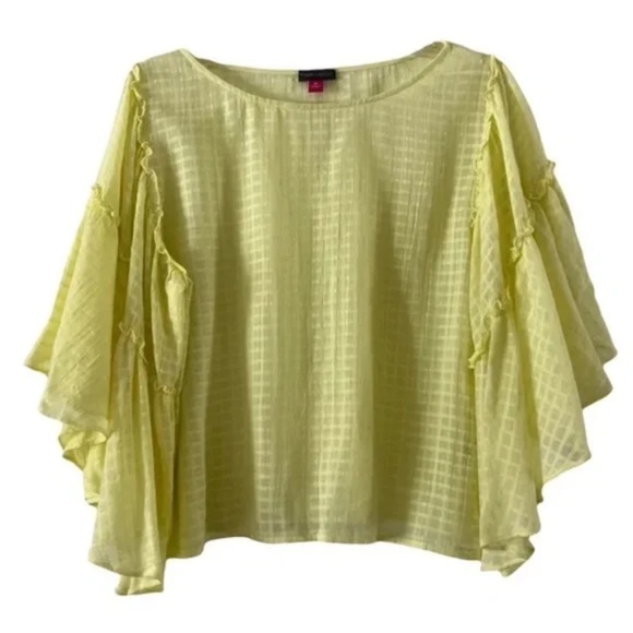 Vince Camuto | Yellow Windowpane Tiered Flutter Sleeve Copped Cotton Top, Medium - Picture 1 of 6